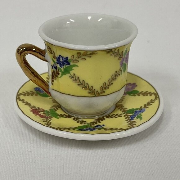 Unbranded Other - Vintage Miniature Teacup and Saucer with flower Decoration Yellow Gold Florals
